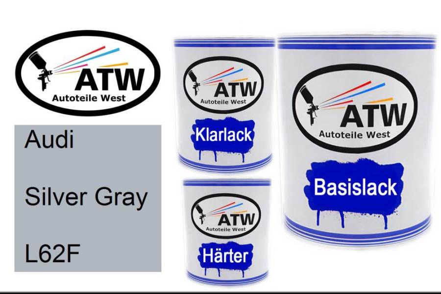 Audi, Silver Gray, L62F: 1L Lackdose + 1L Klarlack + 500ml Härter - Set, von ATW Autoteile West.